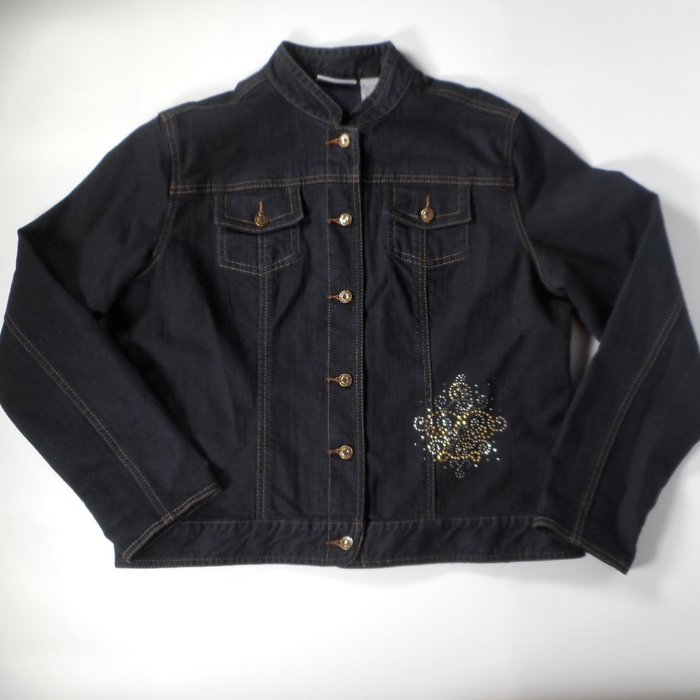 Chicos Platinum Sz 2 Large 12 14 Dark Blue Denim Stretch Jean Jacket Bling
